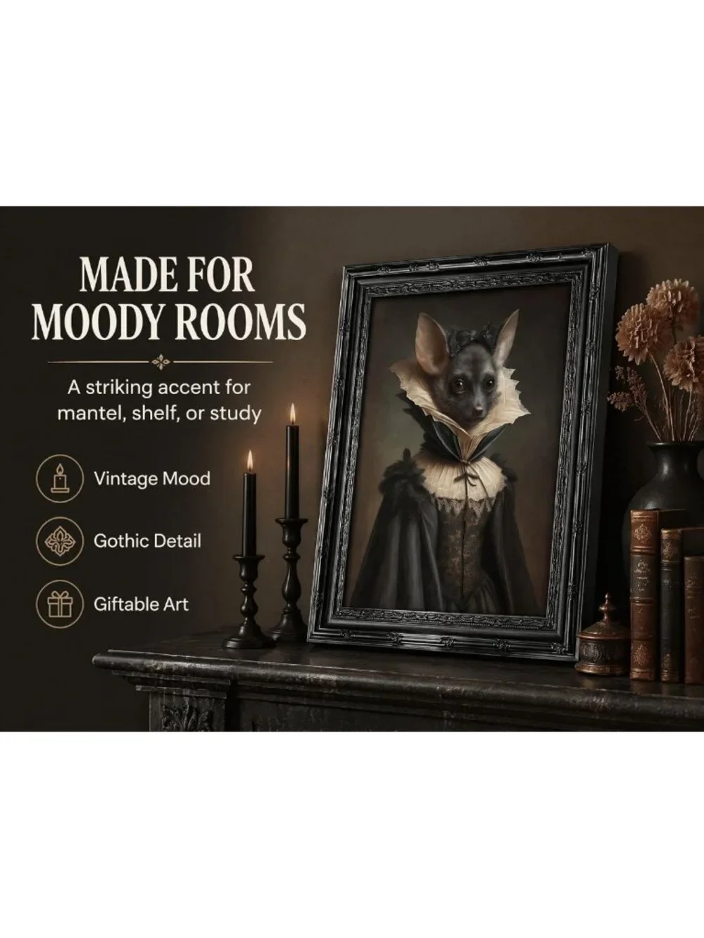 Gothic Bat Lady Canvas Wall Art | Vintage Black Framed Decor for Bedroom